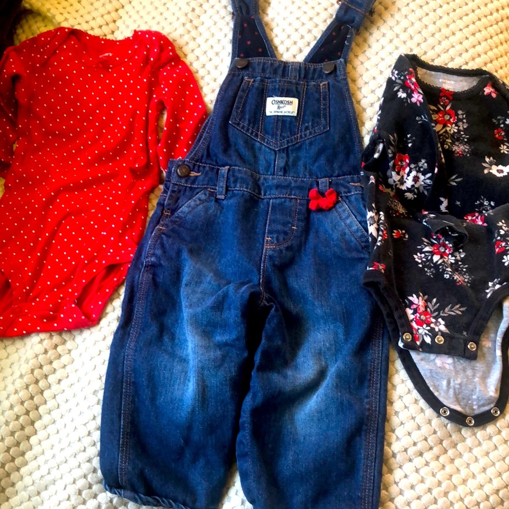 12m Bundle oSH fleece lined jean overalls, 2 matching cotton Carters 12m onesie